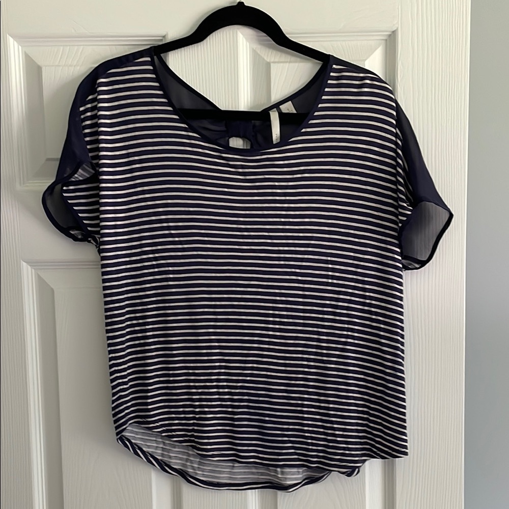 LC Lauren Conrad Navy and White Boxy Cuffed Sleeve Blouse